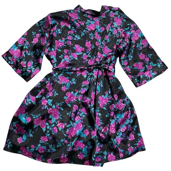 VTG Intimate Moments Robe Floral Waist Tie Short Silky Womens One Size Black - Picture 5 of 5